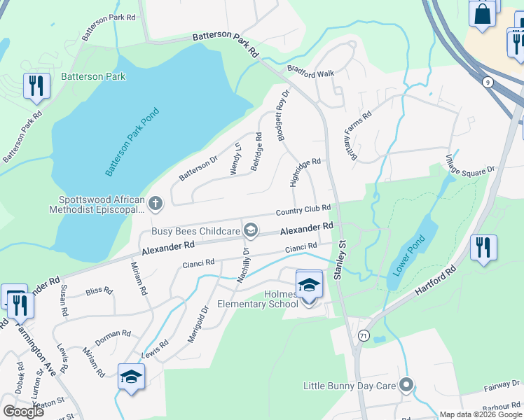 map of restaurants, bars, coffee shops, grocery stores, and more near 115 Alexander Road in New Britain