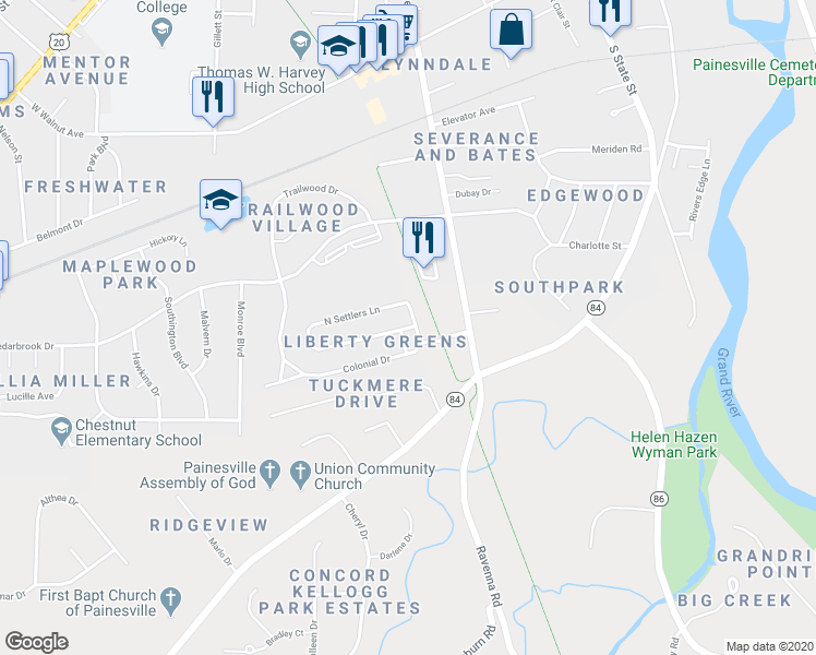 map of restaurants, bars, coffee shops, grocery stores, and more near 95 South Settlers Lane in Painesville