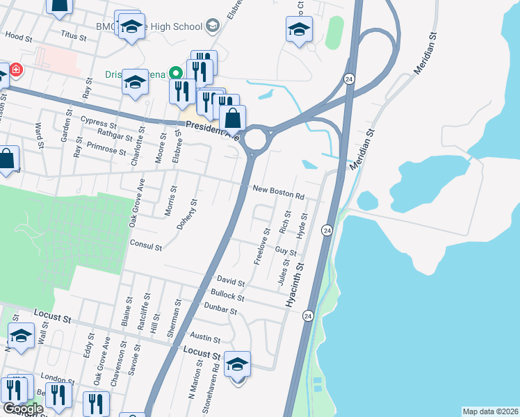 map of restaurants, bars, coffee shops, grocery stores, and more near 135 Celia Street in Fall River