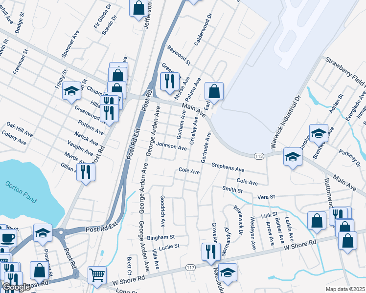 map of restaurants, bars, coffee shops, grocery stores, and more near 111 Greeley Avenue in Warwick