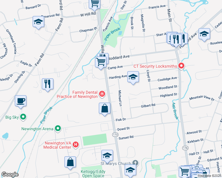 map of restaurants, bars, coffee shops, grocery stores, and more near 75 Michael Lane in Newington