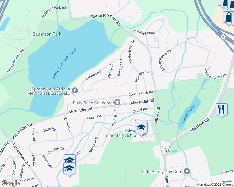 map of restaurants, bars, coffee shops, grocery stores, and more near 158 Country Club Road in New Britain
