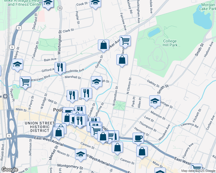 map of restaurants, bars, coffee shops, grocery stores, and more near 118 Catharine Street in Poughkeepsie