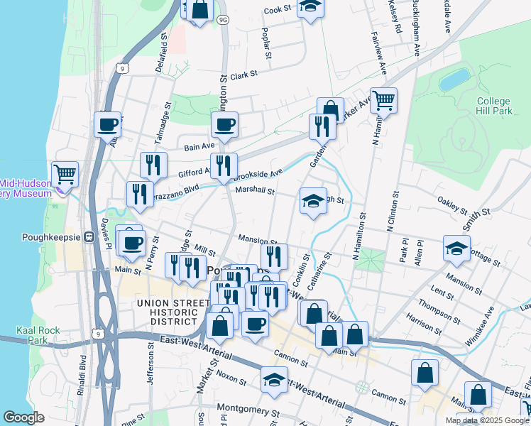 map of restaurants, bars, coffee shops, grocery stores, and more near 55 Mansion Street in Poughkeepsie