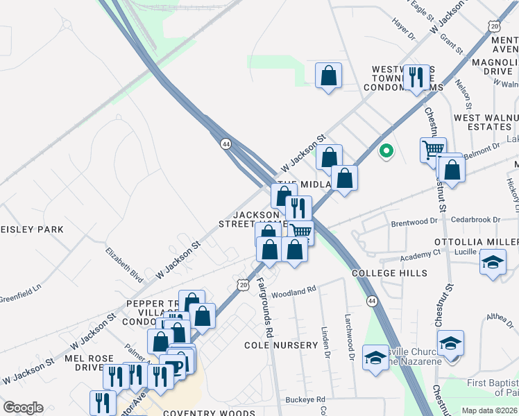 map of restaurants, bars, coffee shops, grocery stores, and more near 1204 Crescent Drive in Painesville