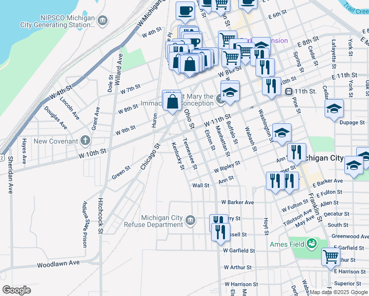 map of restaurants, bars, coffee shops, grocery stores, and more near 800-898 W Warren St in Michigan City