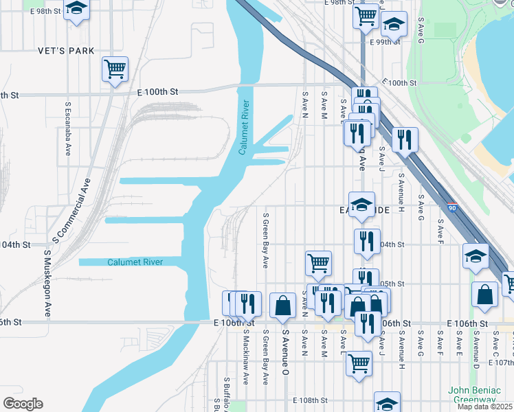 map of restaurants, bars, coffee shops, grocery stores, and more near 10320 South Green Bay Avenue in Chicago