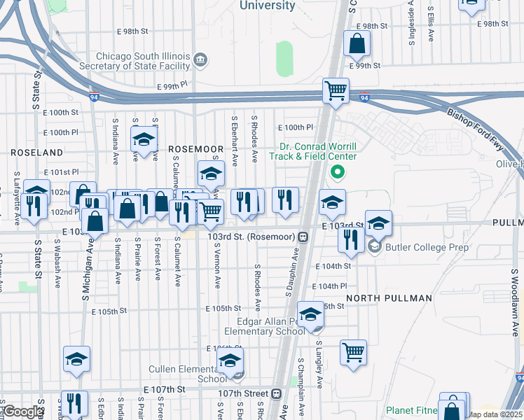 map of restaurants, bars, coffee shops, grocery stores, and more near 518 East 103rd Street in Chicago