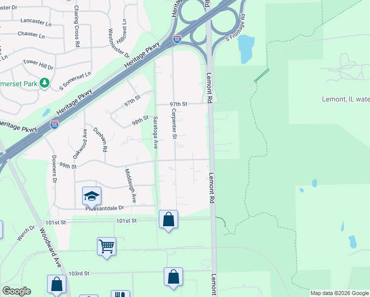 map of restaurants, bars, coffee shops, grocery stores, and more near 11S487 Carpenter Street in Lemont
