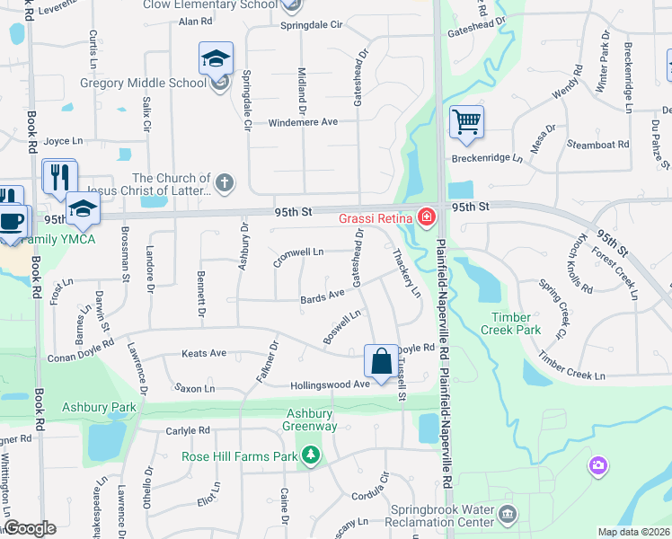 map of restaurants, bars, coffee shops, grocery stores, and more near 1203 Bards Avenue in Naperville