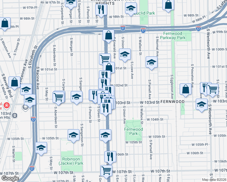 map of restaurants, bars, coffee shops, grocery stores, and more near 10216 South Emerald Avenue in Chicago
