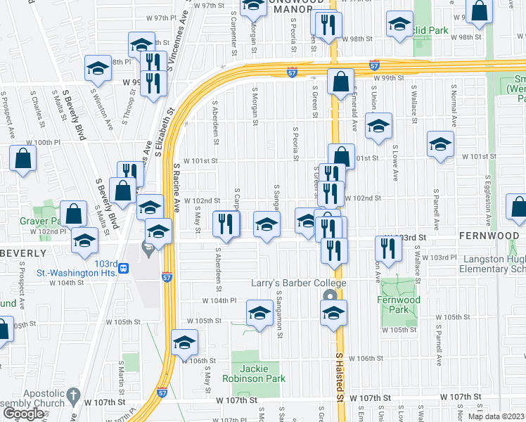 map of restaurants, bars, coffee shops, grocery stores, and more near 10217 South Morgan Street in Chicago