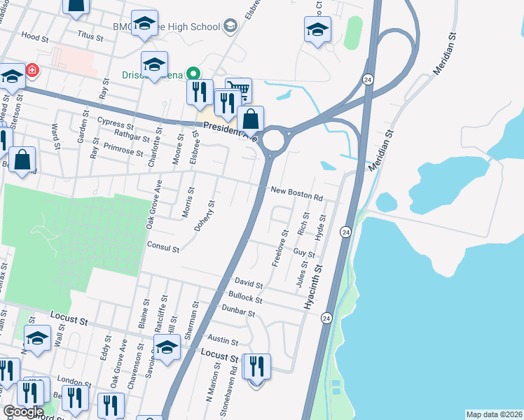 map of restaurants, bars, coffee shops, grocery stores, and more near 135 Celia Street in Fall River