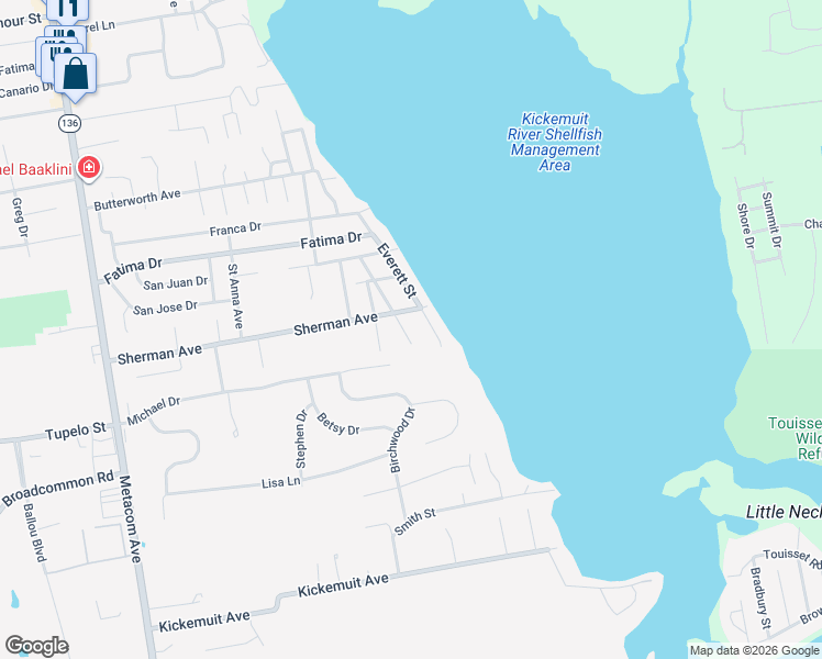 map of restaurants, bars, coffee shops, grocery stores, and more near 2 Anawan Avenue in Bristol