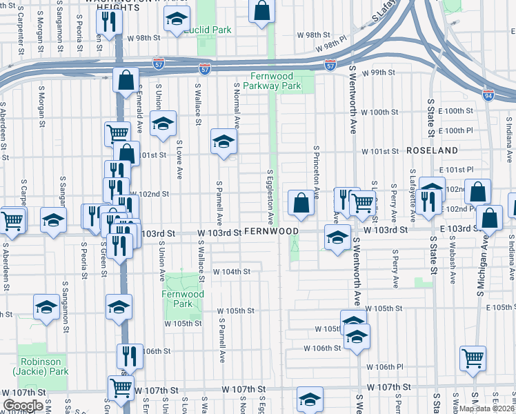 map of restaurants, bars, coffee shops, grocery stores, and more near 421 West 102nd Place in Chicago