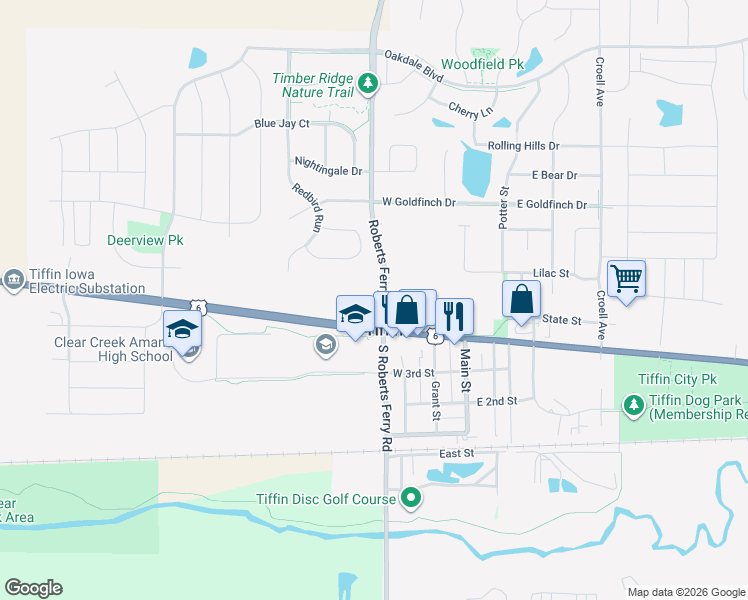 map of restaurants, bars, coffee shops, grocery stores, and more near in Tiffin