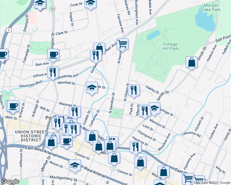 map of restaurants, bars, coffee shops, grocery stores, and more near 89 North Hamilton Street in Poughkeepsie