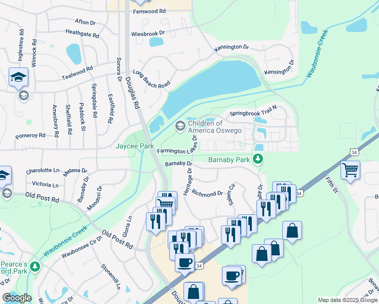 map of restaurants, bars, coffee shops, grocery stores, and more near 2010 Farmington Lakes Drive in Oswego
