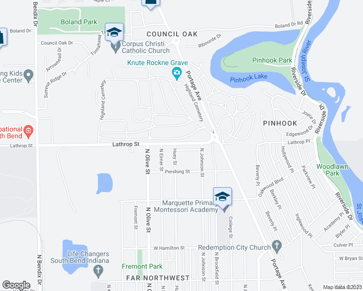map of restaurants, bars, coffee shops, grocery stores, and more near 2126 Lathrop Street in South Bend