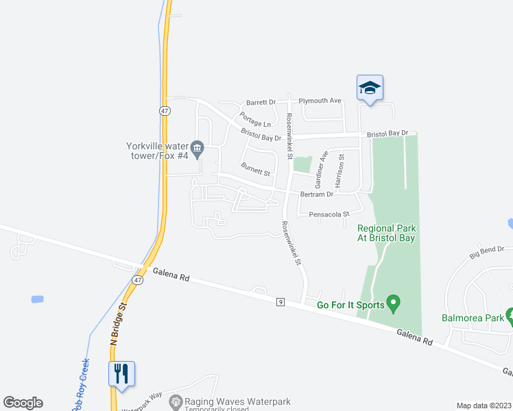 map of restaurants, bars, coffee shops, grocery stores, and more near 234 Bertram Drive in Yorkville
