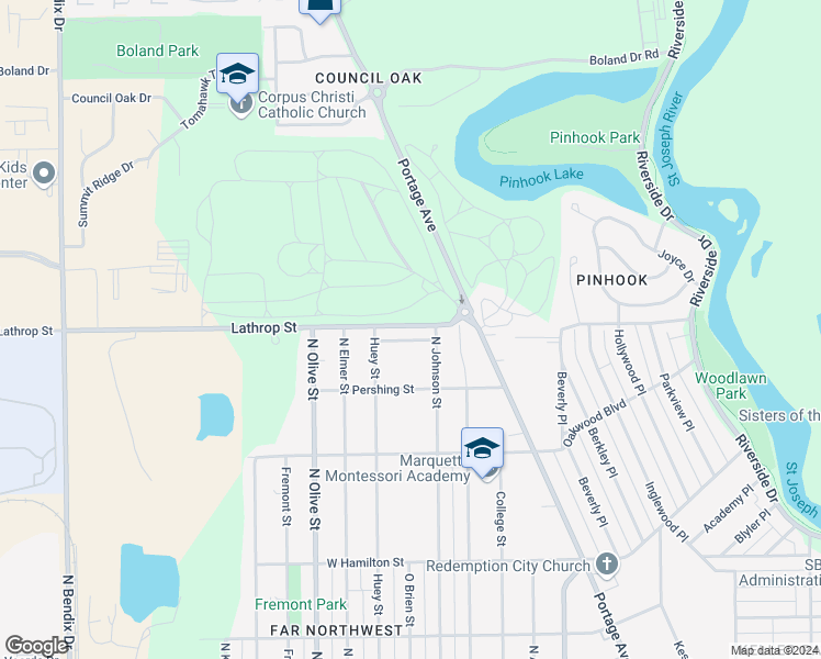 map of restaurants, bars, coffee shops, grocery stores, and more near 2020 Lathrop Street in South Bend