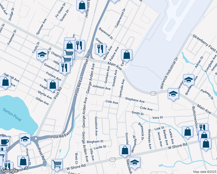 map of restaurants, bars, coffee shops, grocery stores, and more near 63 Greeley Avenue in Warwick