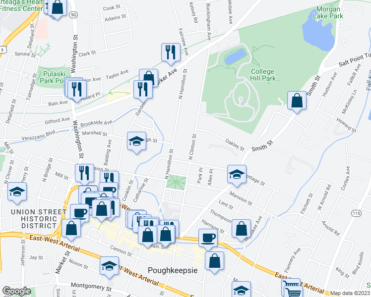 map of restaurants, bars, coffee shops, grocery stores, and more near 106 North Clinton Street in Poughkeepsie