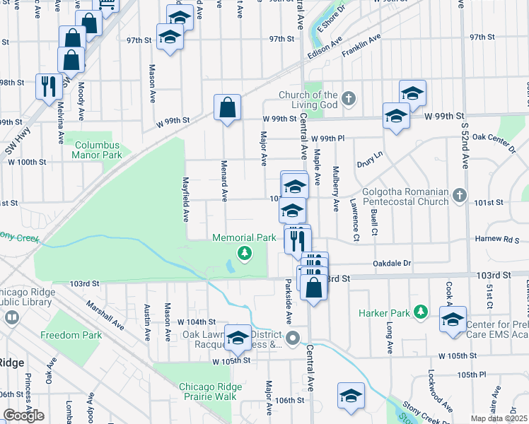 map of restaurants, bars, coffee shops, grocery stores, and more near 5701 West 101st Street in Oak Lawn