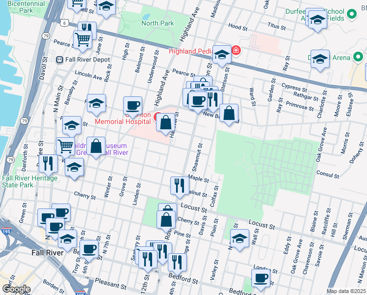 map of restaurants, bars, coffee shops, grocery stores, and more near 630 Prospect Street in Fall River