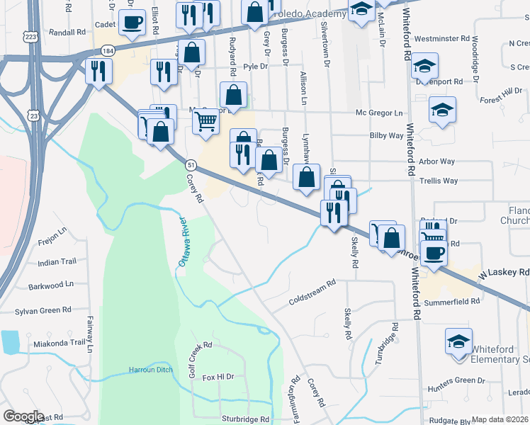 map of restaurants, bars, coffee shops, grocery stores, and more near 5679 Ohio 51 in Sylvania