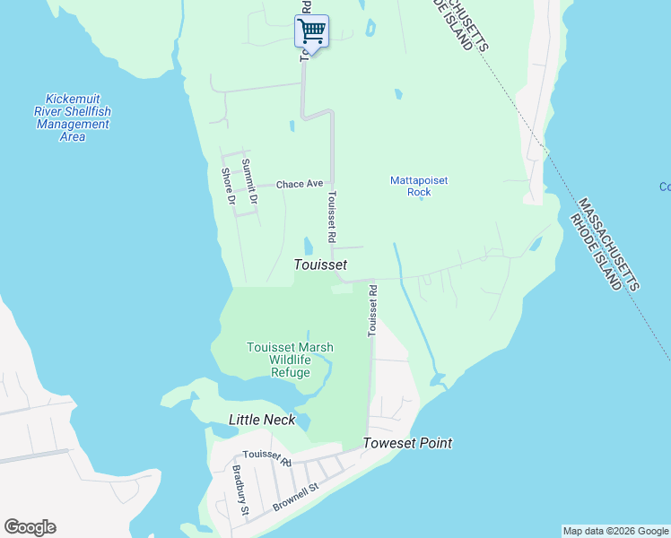 map of restaurants, bars, coffee shops, grocery stores, and more near 110 Touisset Road in Warren