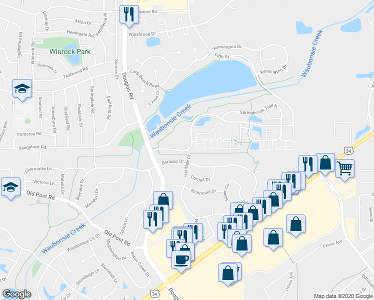 map of restaurants, bars, coffee shops, grocery stores, and more near 2006 Farmington Lakes Drive in Oswego