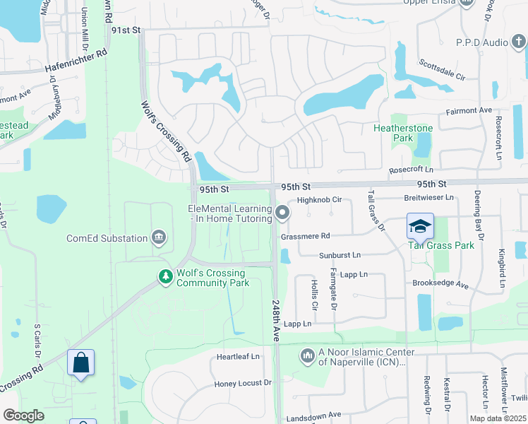 map of restaurants, bars, coffee shops, grocery stores, and more near 3915 Highknob Circle in Naperville