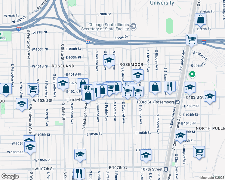 map of restaurants, bars, coffee shops, grocery stores, and more near 10224 South Forest Avenue in Chicago