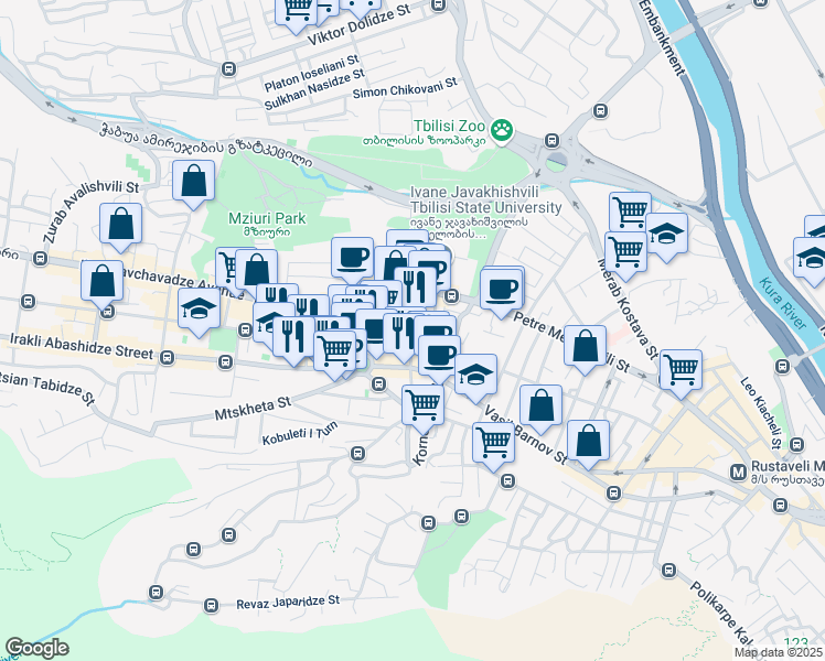map of restaurants, bars, coffee shops, grocery stores, and more near Napareuli Street in Tbilisi