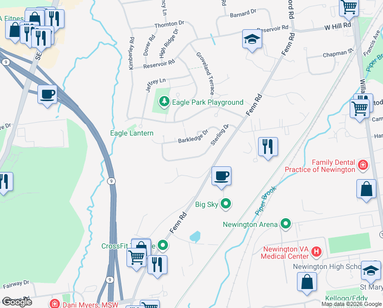 map of restaurants, bars, coffee shops, grocery stores, and more near 85 Barkledge Drive in Newington