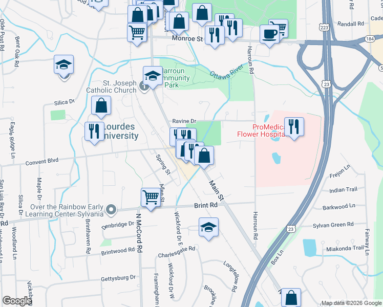 map of restaurants, bars, coffee shops, grocery stores, and more near 5200 Main Street in Sylvania