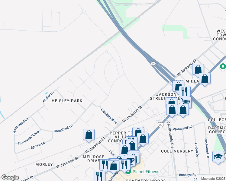 map of restaurants, bars, coffee shops, grocery stores, and more near 1386 Elizabeth Boulevard in Painesville