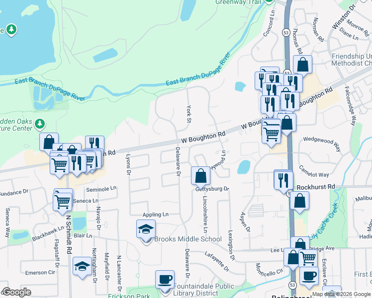 map of restaurants, bars, coffee shops, grocery stores, and more near 15C Marywood Lane in Bolingbrook