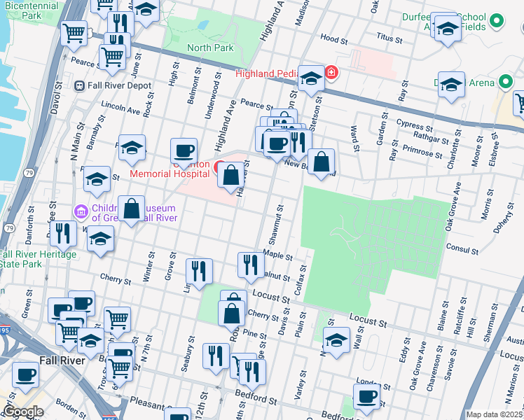 map of restaurants, bars, coffee shops, grocery stores, and more near 47 Summerfield Street in Fall River