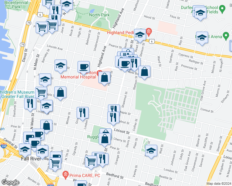 map of restaurants, bars, coffee shops, grocery stores, and more near 47 Summerfield Street in Fall River
