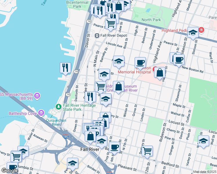 map of restaurants, bars, coffee shops, grocery stores, and more near 56 Gatehouse Drive in Fall River