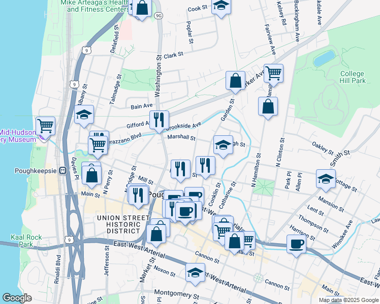 map of restaurants, bars, coffee shops, grocery stores, and more near 36 Marshall Street in Poughkeepsie