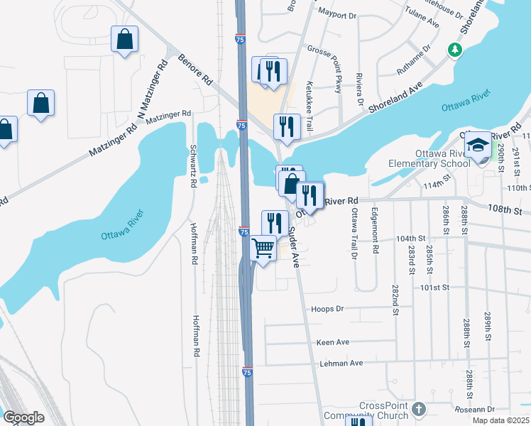 map of restaurants, bars, coffee shops, grocery stores, and more near 4909 Suder Avenue in Toledo