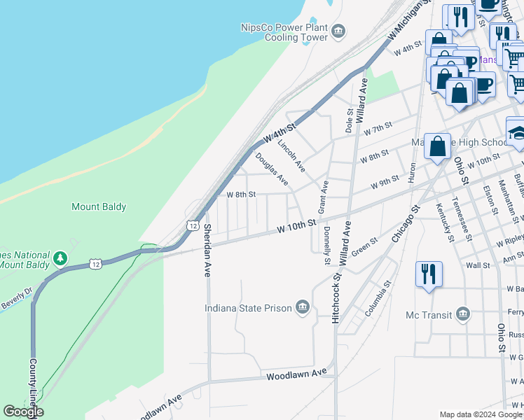 map of restaurants, bars, coffee shops, grocery stores, and more near 1501-1599 W 8th St in Michigan City