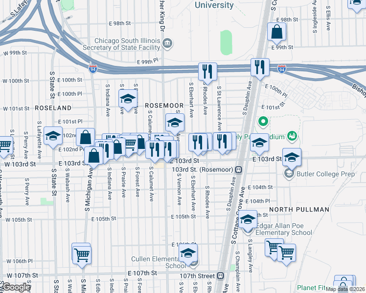 map of restaurants, bars, coffee shops, grocery stores, and more near 10201 South Vernon Avenue in Chicago
