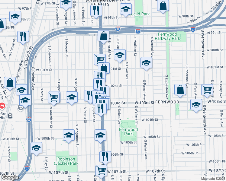 map of restaurants, bars, coffee shops, grocery stores, and more near 10152 South Emerald Avenue in Chicago