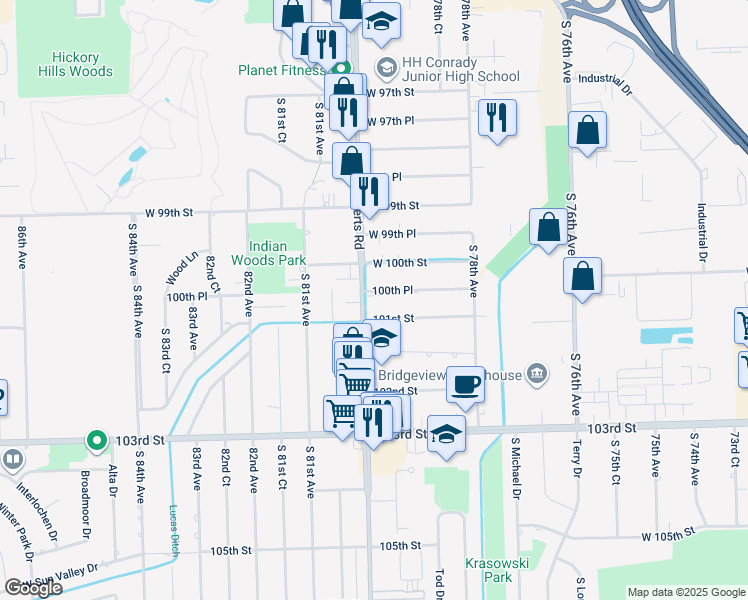 map of restaurants, bars, coffee shops, grocery stores, and more near 10003 South Roberts Road in Palos Hills