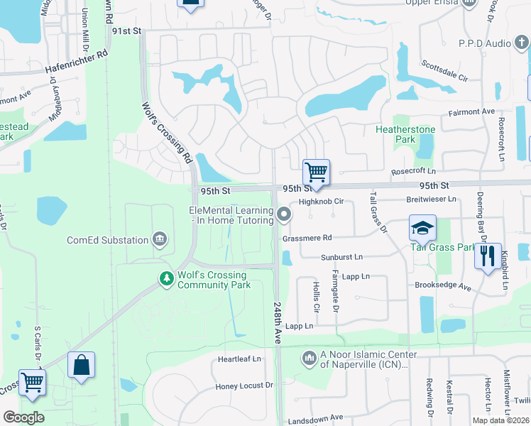 map of restaurants, bars, coffee shops, grocery stores, and more near 3915 Highknob Circle in Naperville