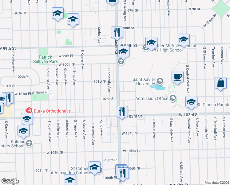 map of restaurants, bars, coffee shops, grocery stores, and more near 10108 South Pulaski Road in Oak Lawn